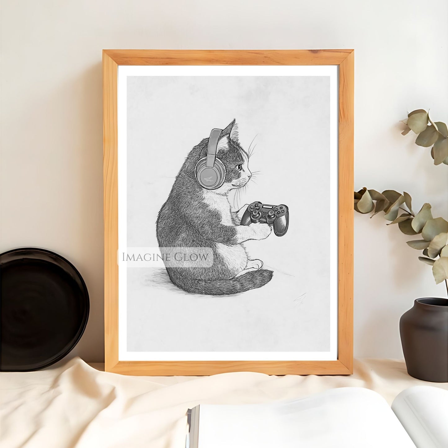 Playful gaming cat print for wall art