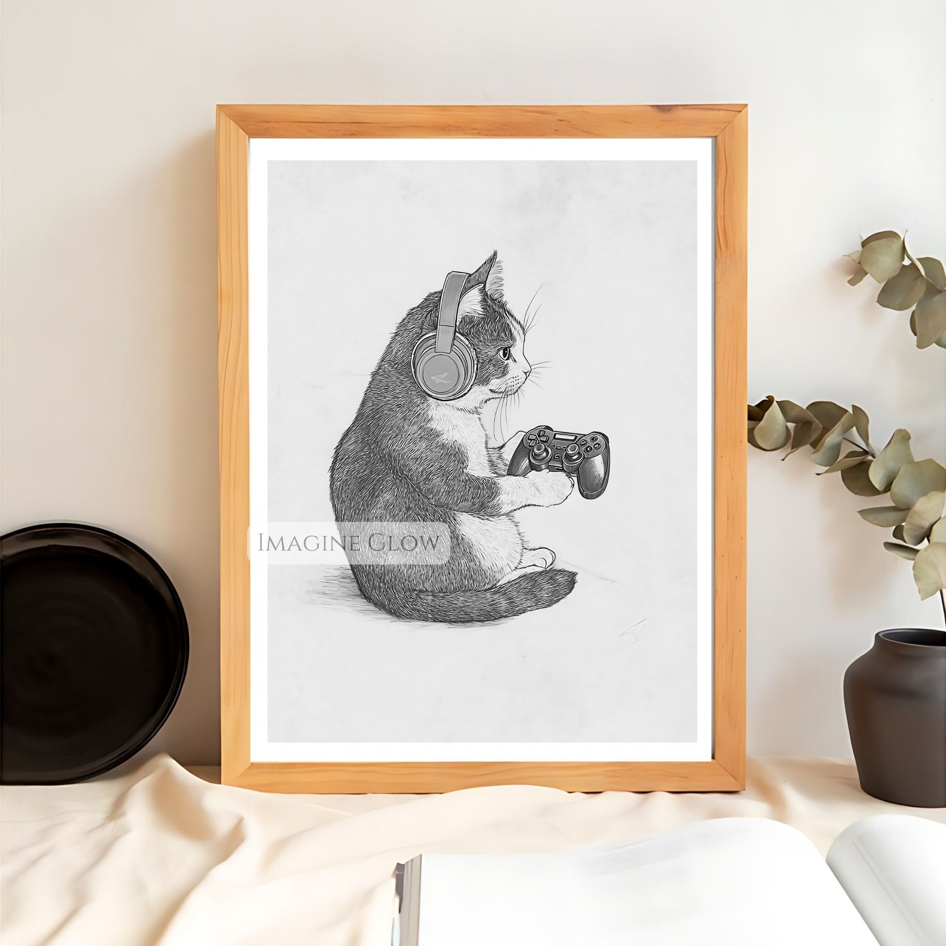 Playful gaming cat print for wall art