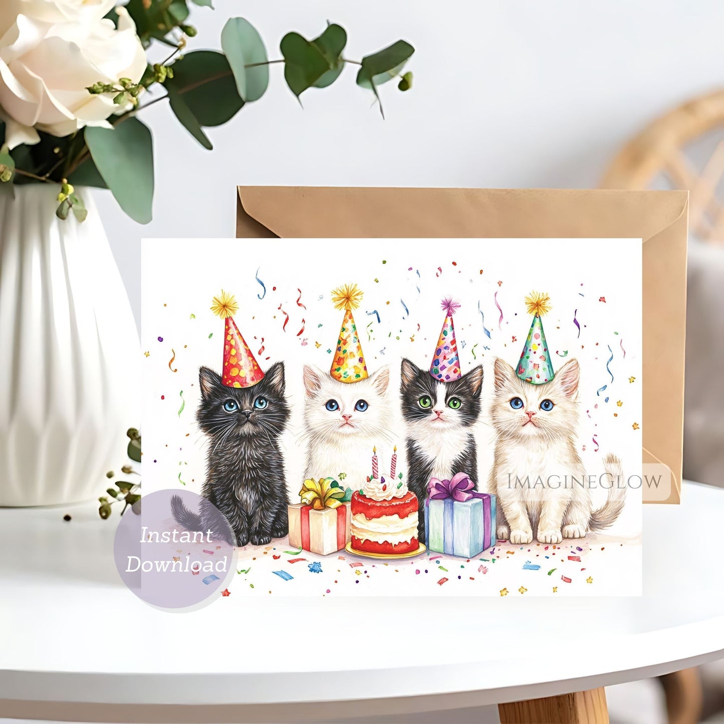 Birthday card with four kittens wearing party hats on a white surface with flowers in the background.
