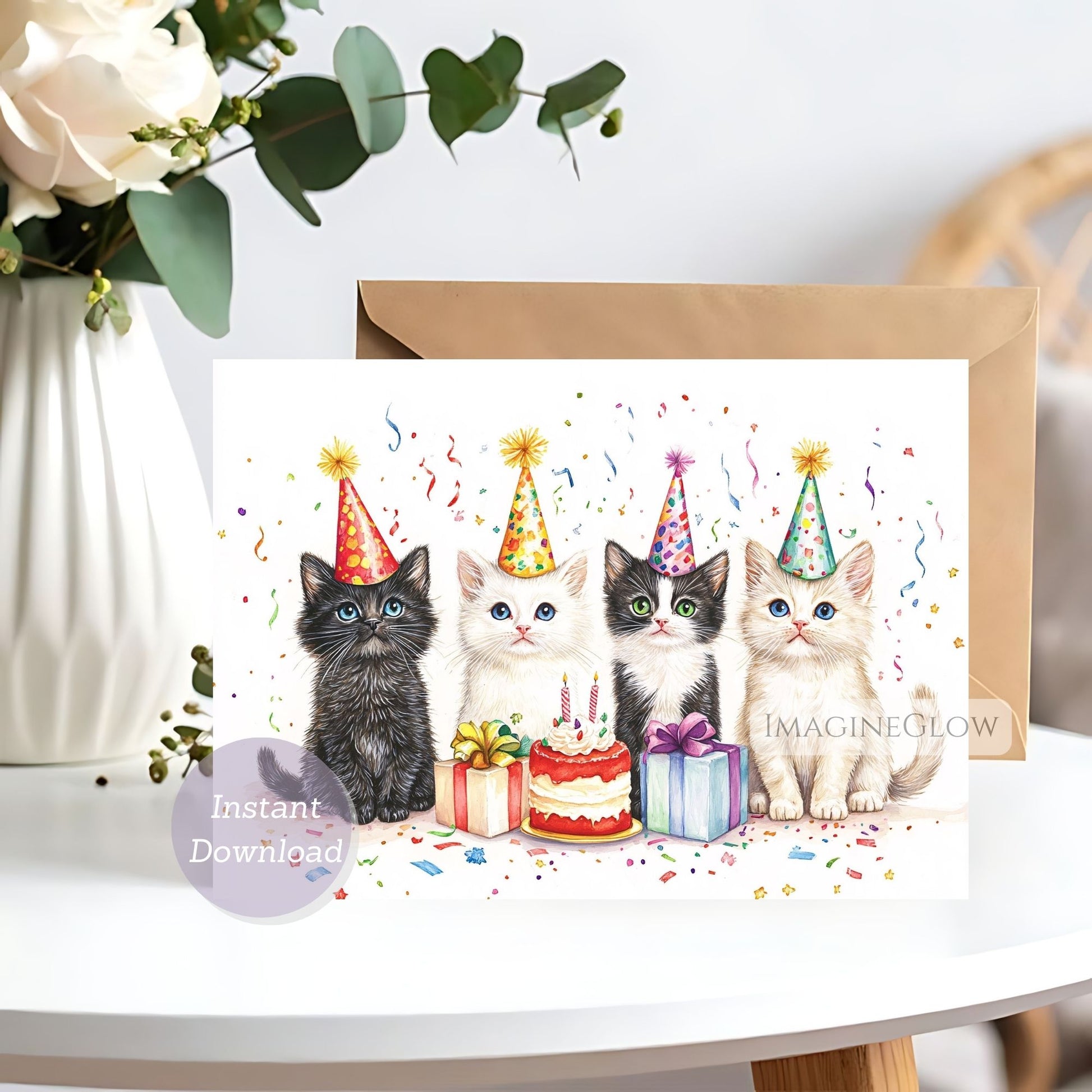 Birthday card with four kittens wearing party hats on a white surface with flowers in the background.