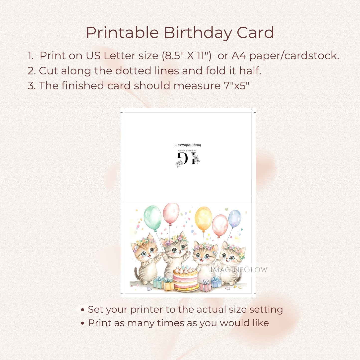 Graceful cat birthday card with garden flowers
Printable cat-themed birthday card with floral art