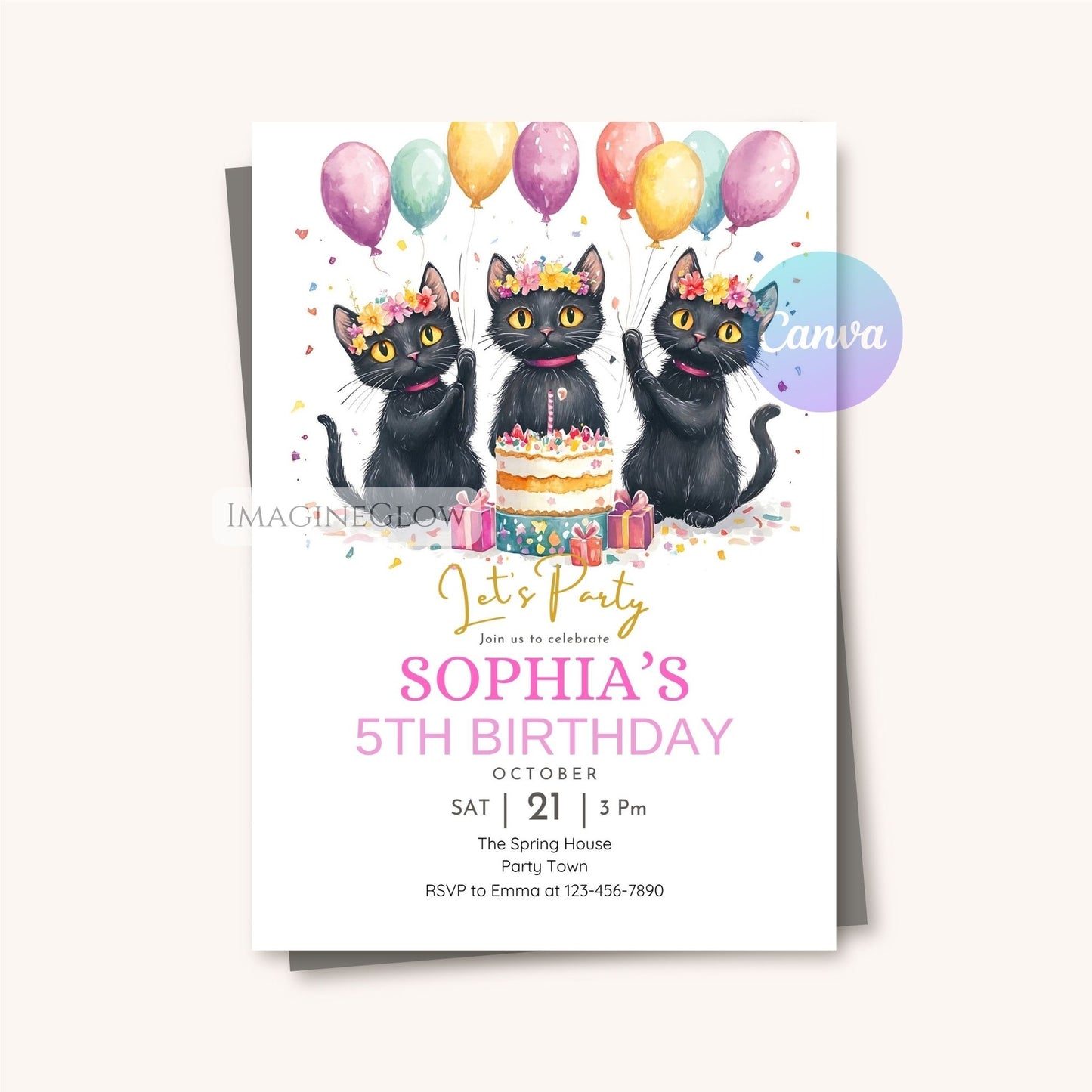 cat themed birthday party invitation printable