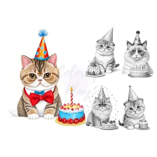 cat birthday celebration with cake coloring page