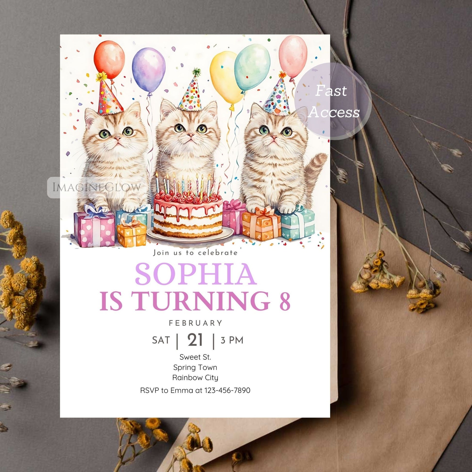 Cute kitty birthday party digital invitation