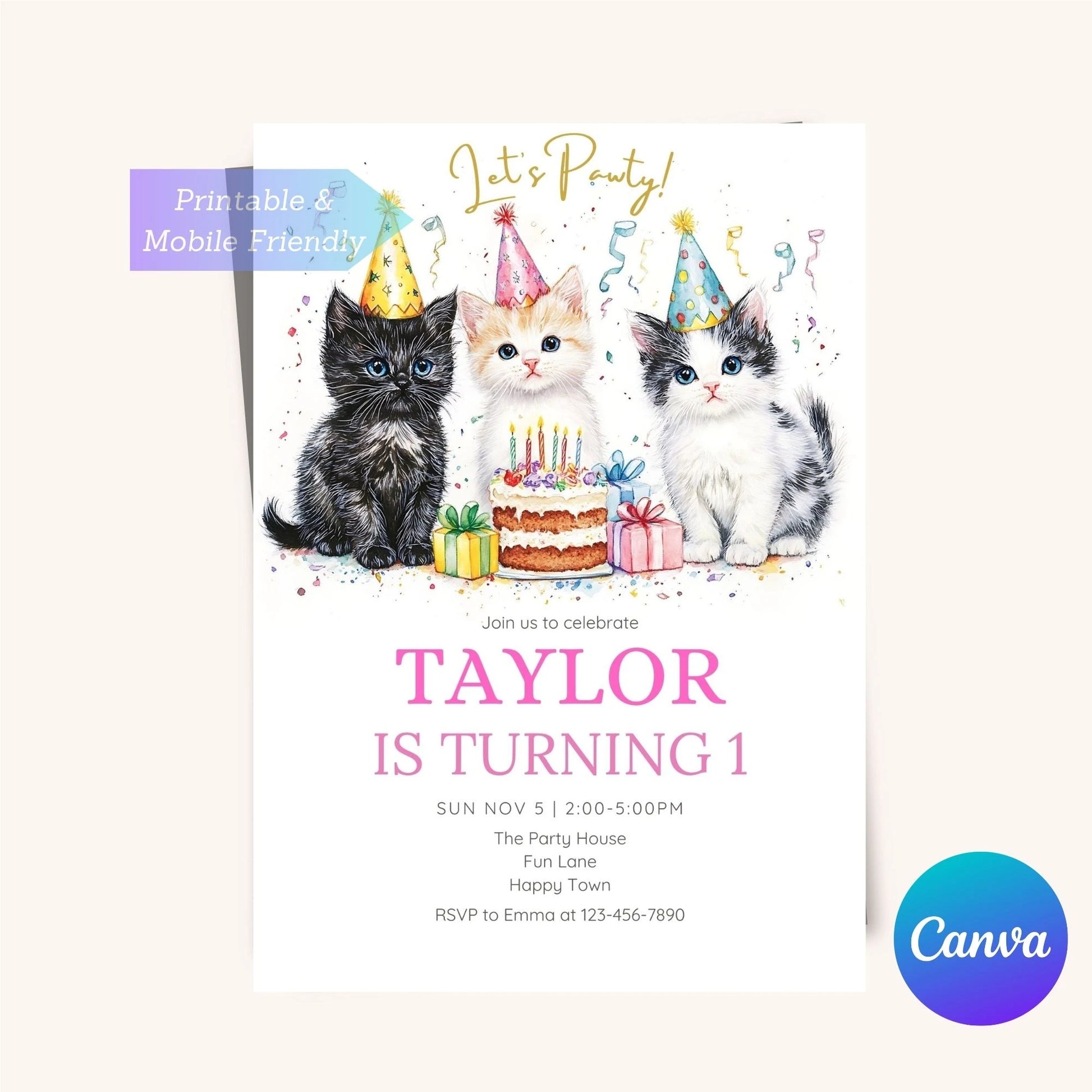 Cute and fun cats birthday party invitation, editable card.