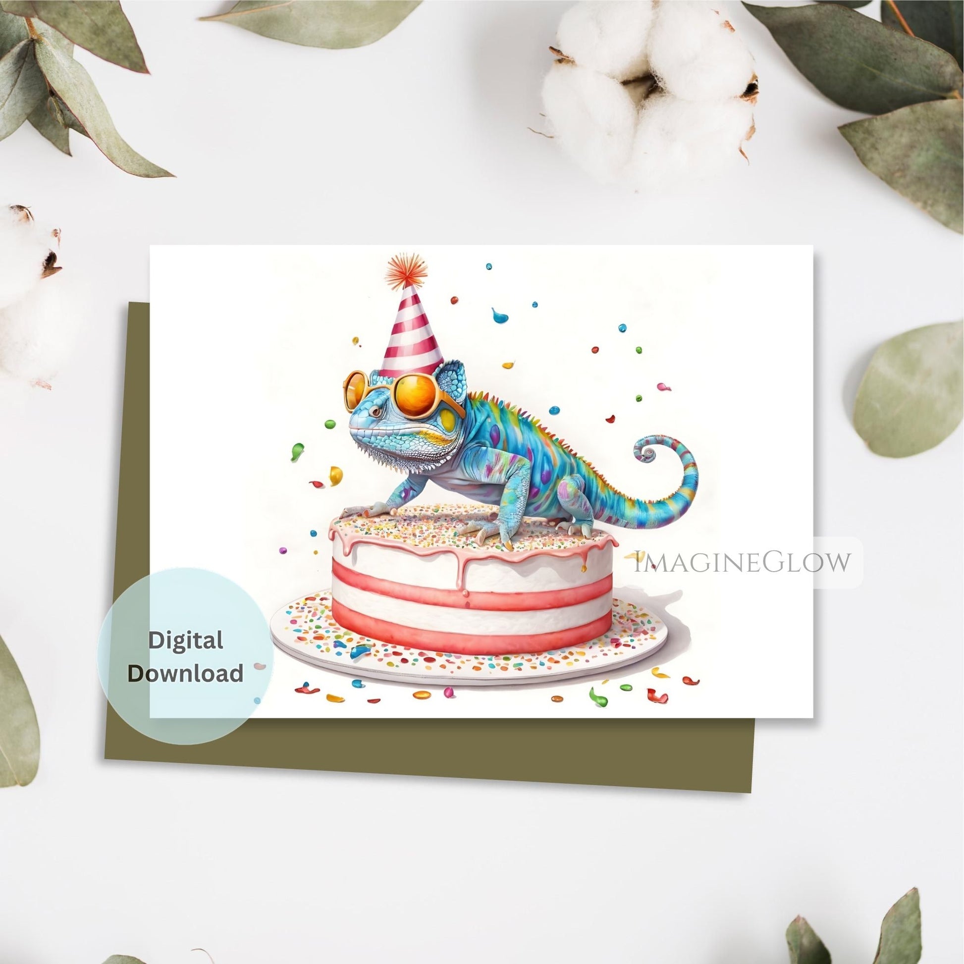 Digital download card with a colorful chameleon on a birthday cake, surrounded by cotton and leaves.