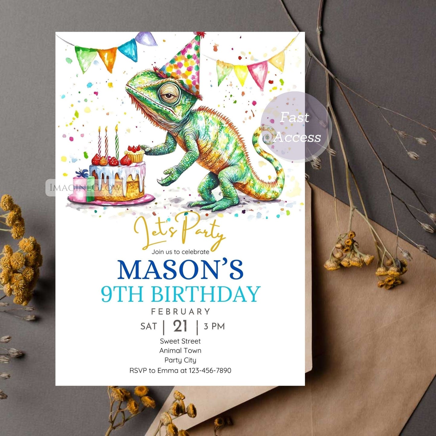 Chameleon Birthday Invitation jungle theme.
