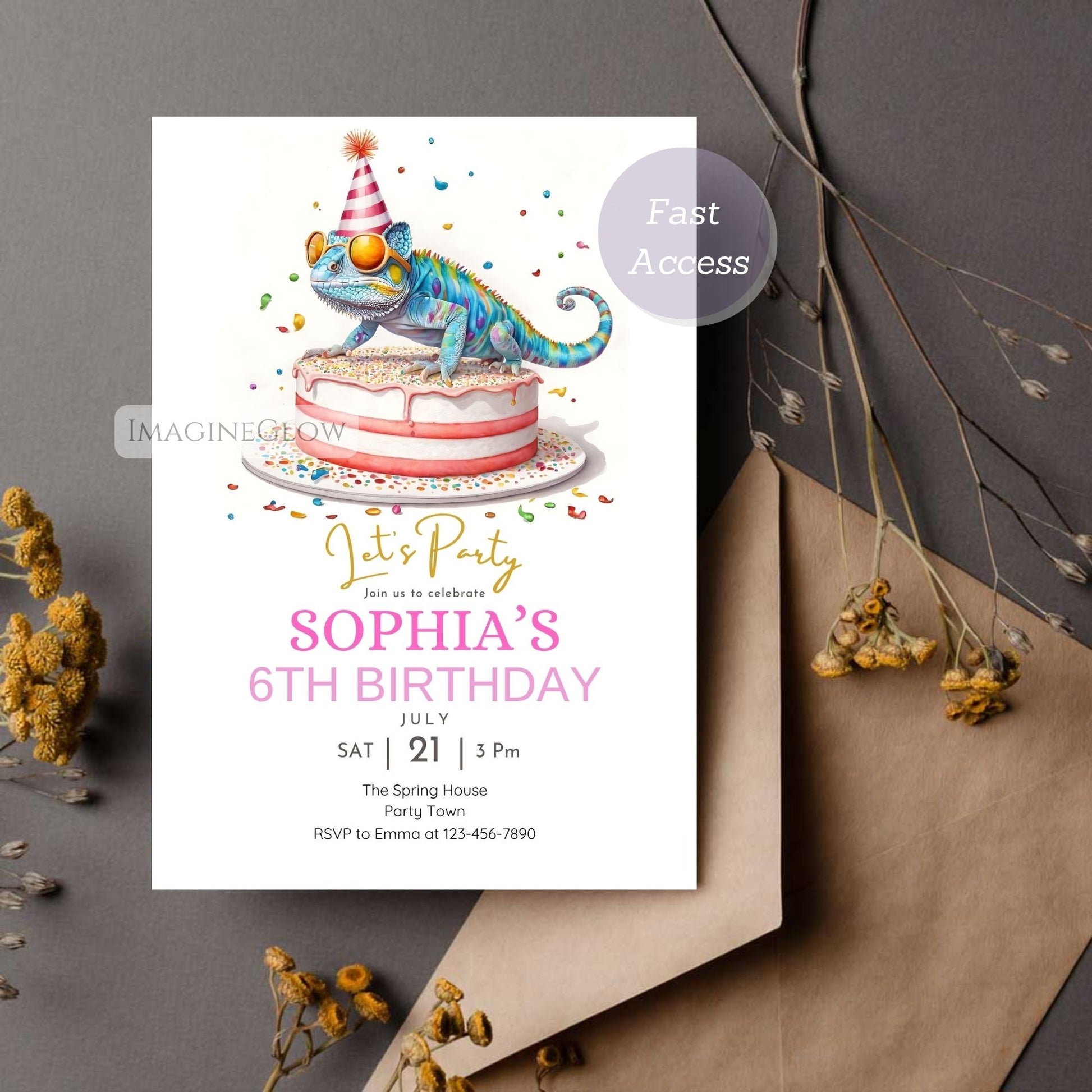 Birthday invitation card with a chameleon on a cake, surrounded by dried flowers and an envelope.