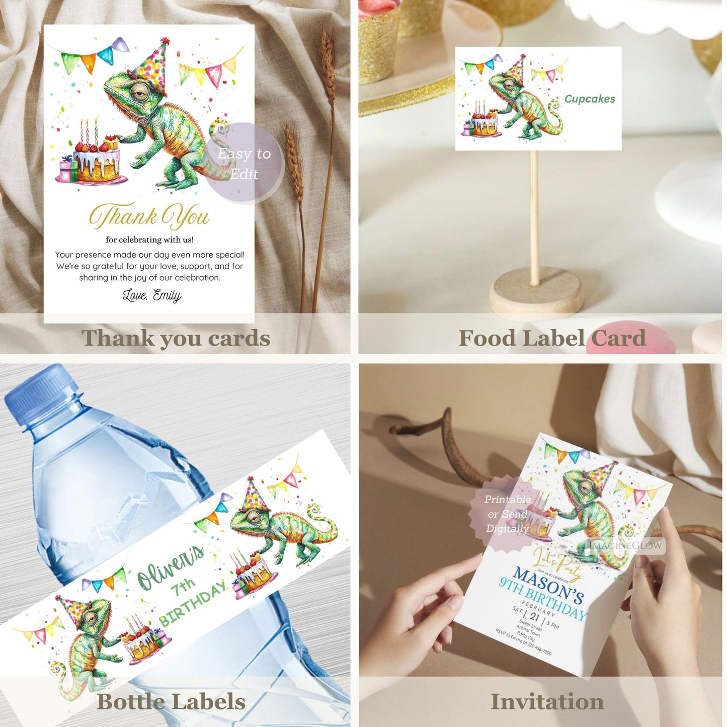 Birthday party items including thank you cards, food labels, bottle labels, and invitations with a chameleon design.