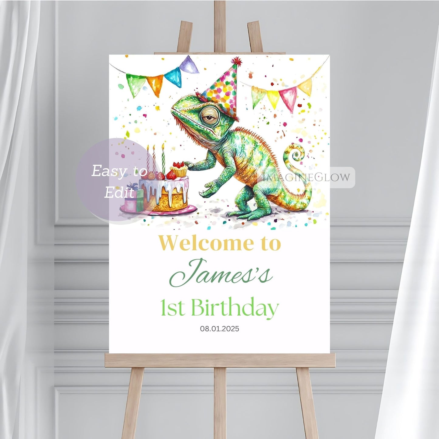 Birthday party sign with a chameleon wearing a party hat