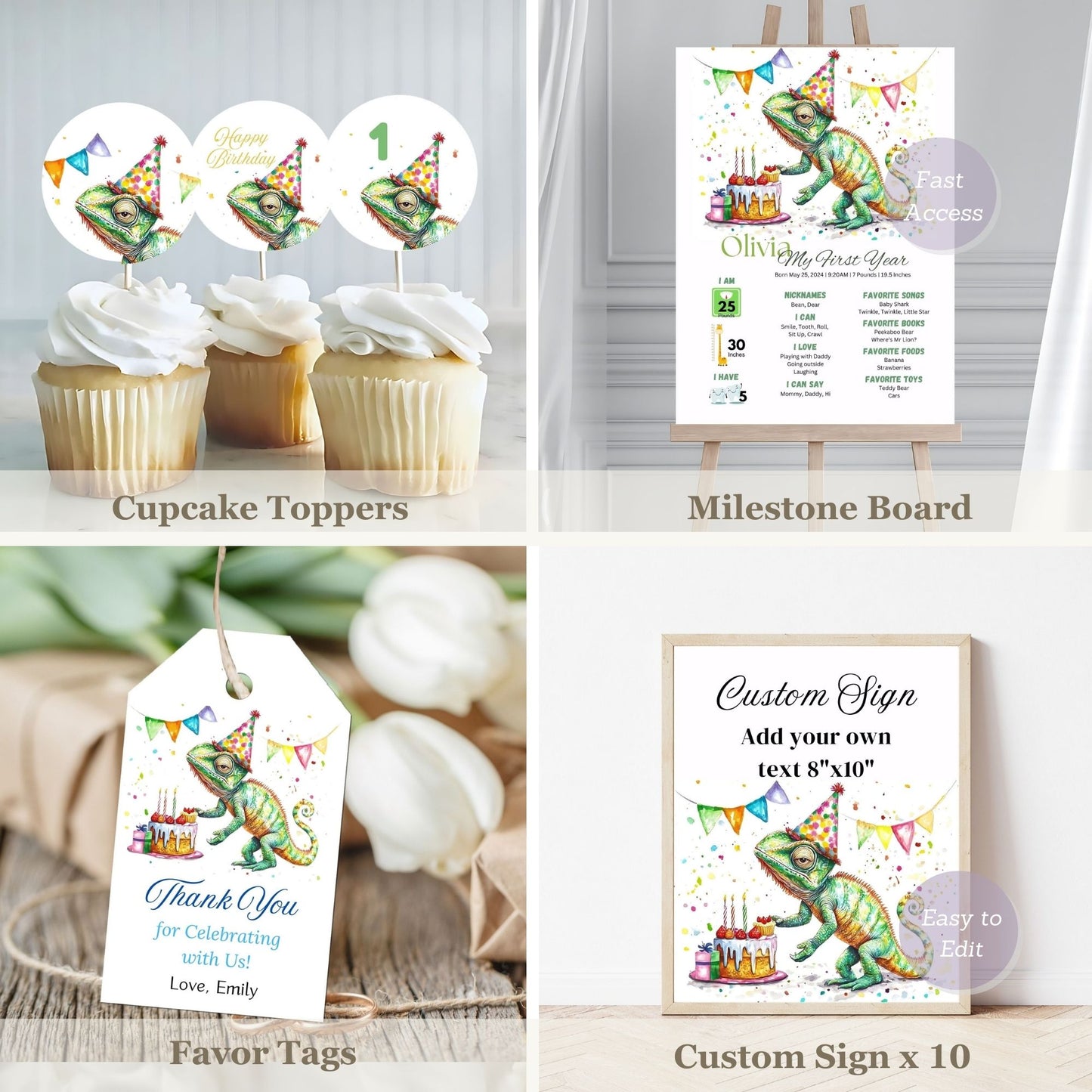 Bundle of birthday-themed products including cupcake toppers, milestone board, favor tags, and custom signs with a chameleon design.