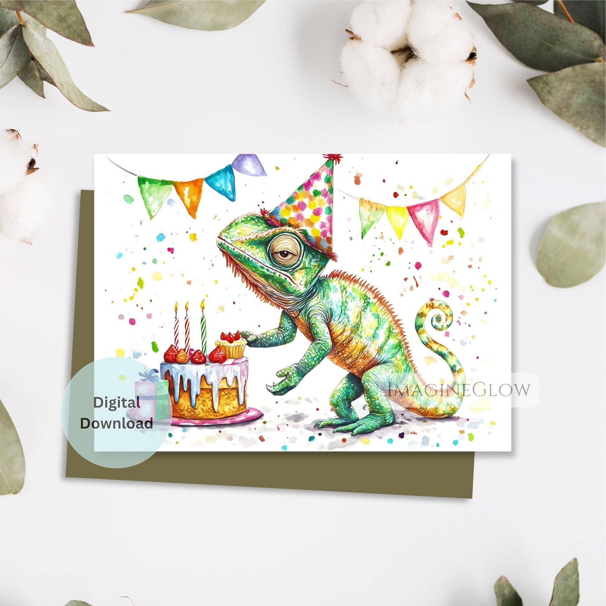 Birthday card with a colorful chameleon and cake illustration on a white background.