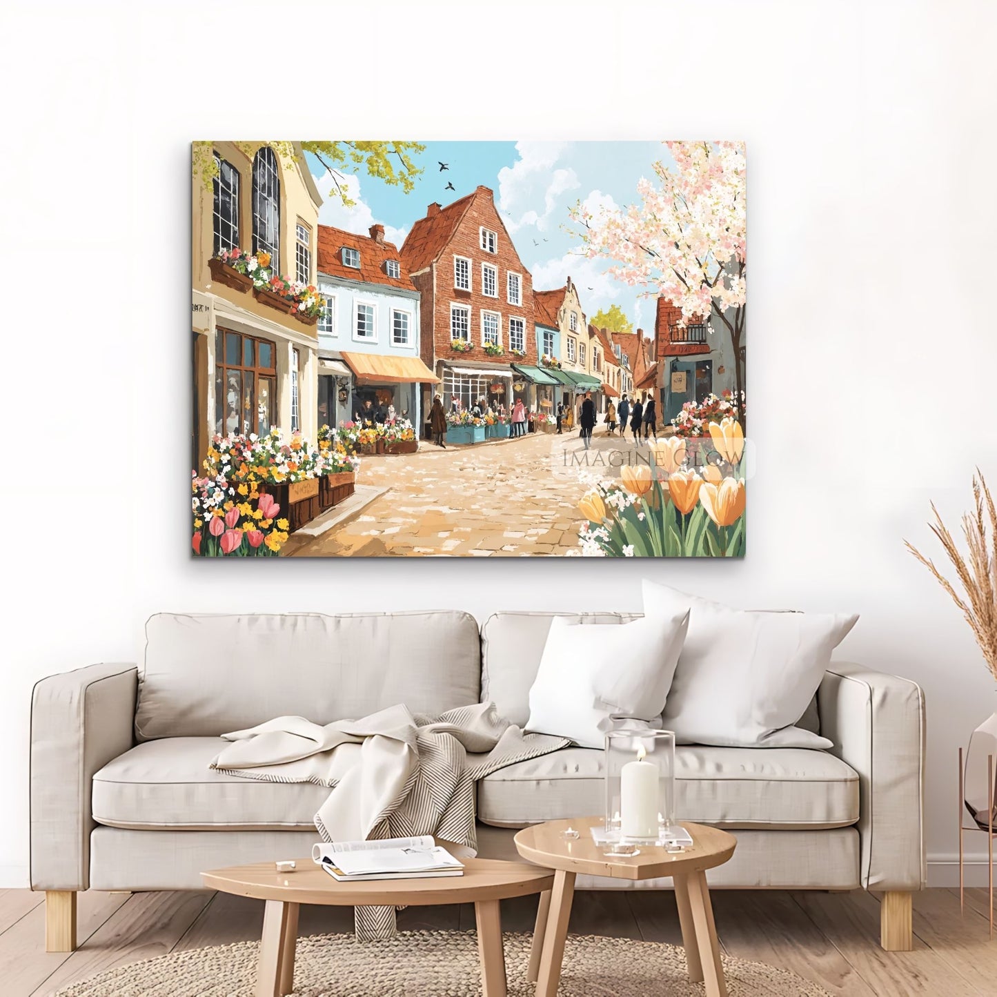 Whimsical spring market street with floral displays and pastel houses.