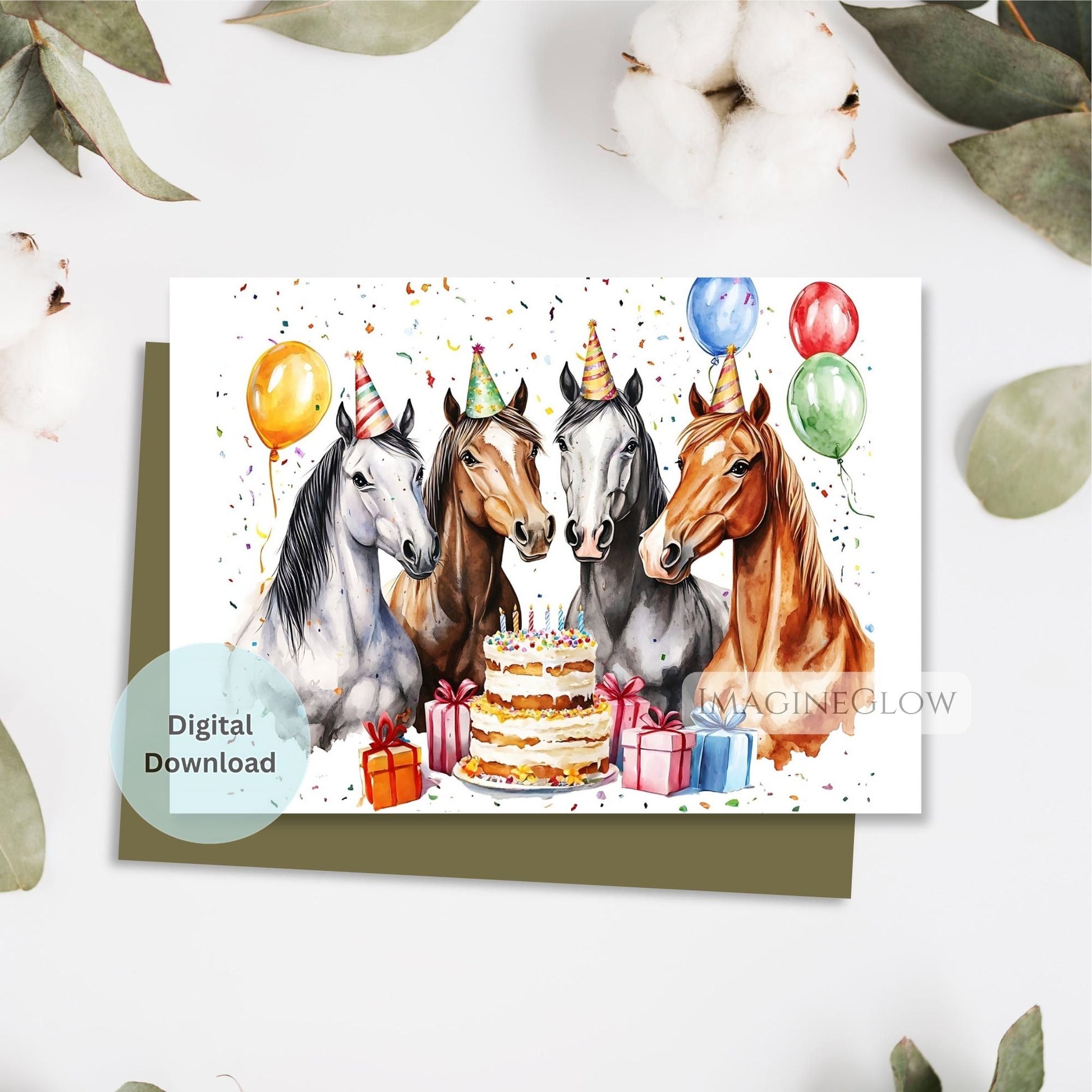 Birthday card with four horses wearing party hats around a cake and presents on a white background.