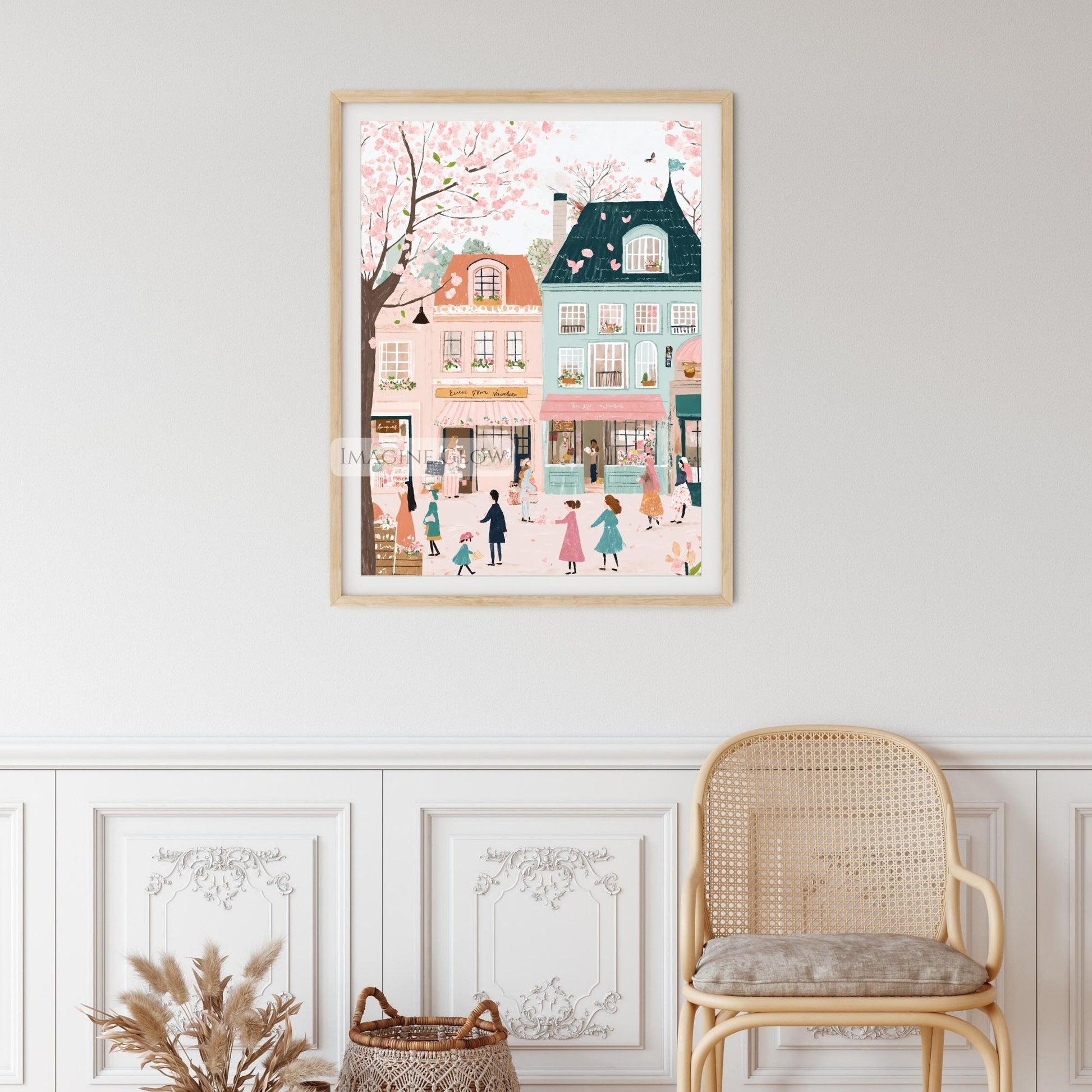 Hand-Drawn Cherry Blossoms and Tulips in Old Town Art