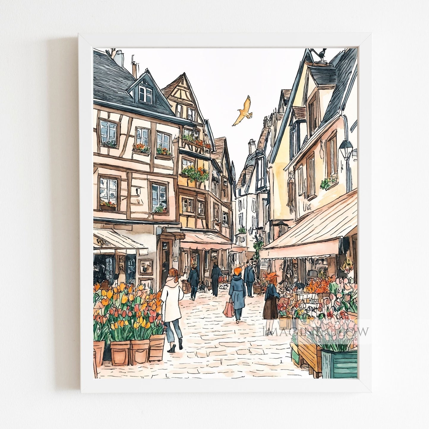 Picturesque spring town with tulip-lined streets and cherry blossoms.