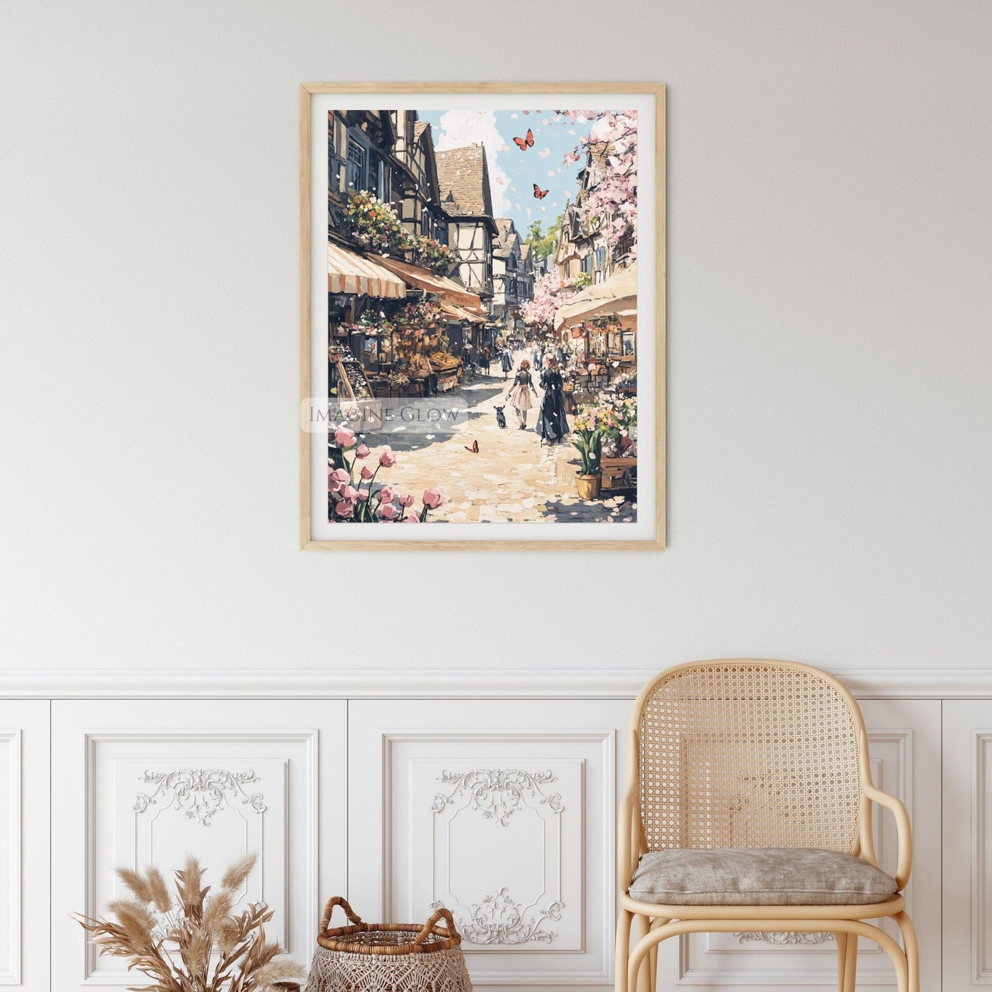 Fresh spring flower market art print with colorful bouquets and streets.