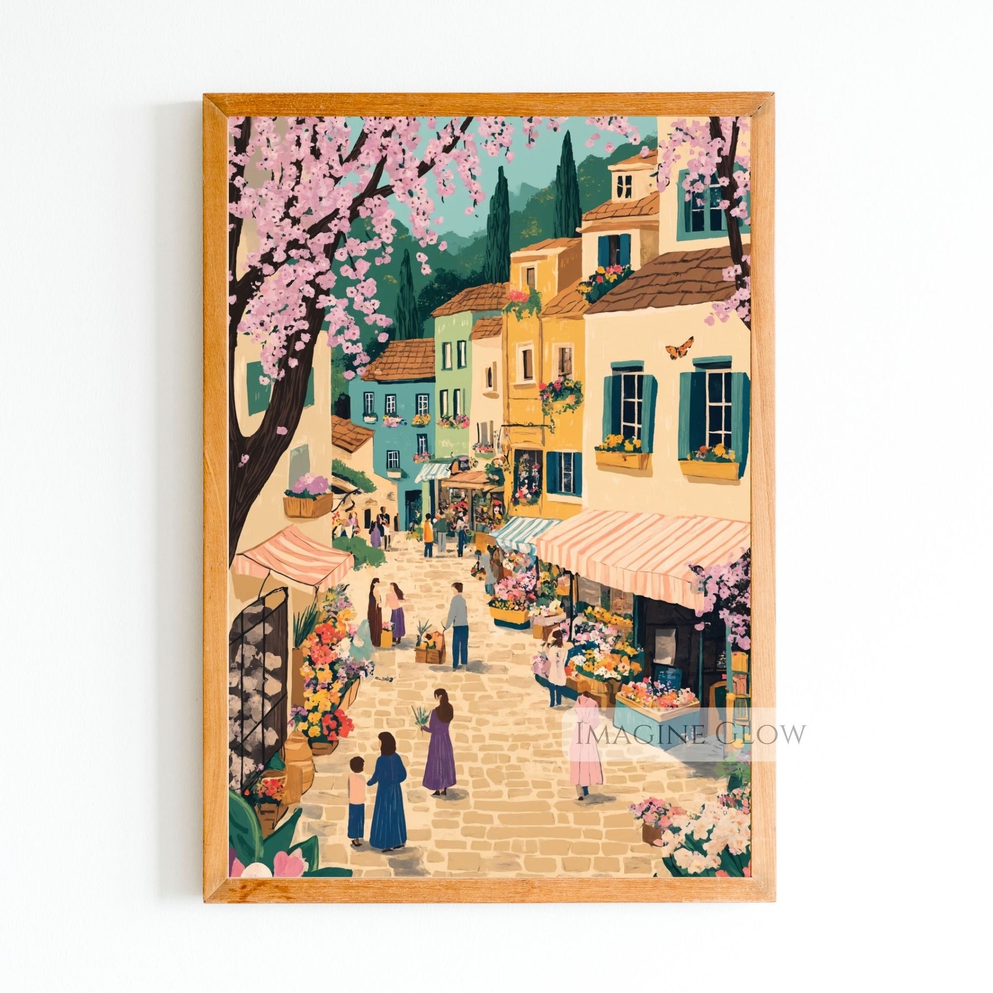 Picturesque springtime street filled with tulips and colorful market stalls.