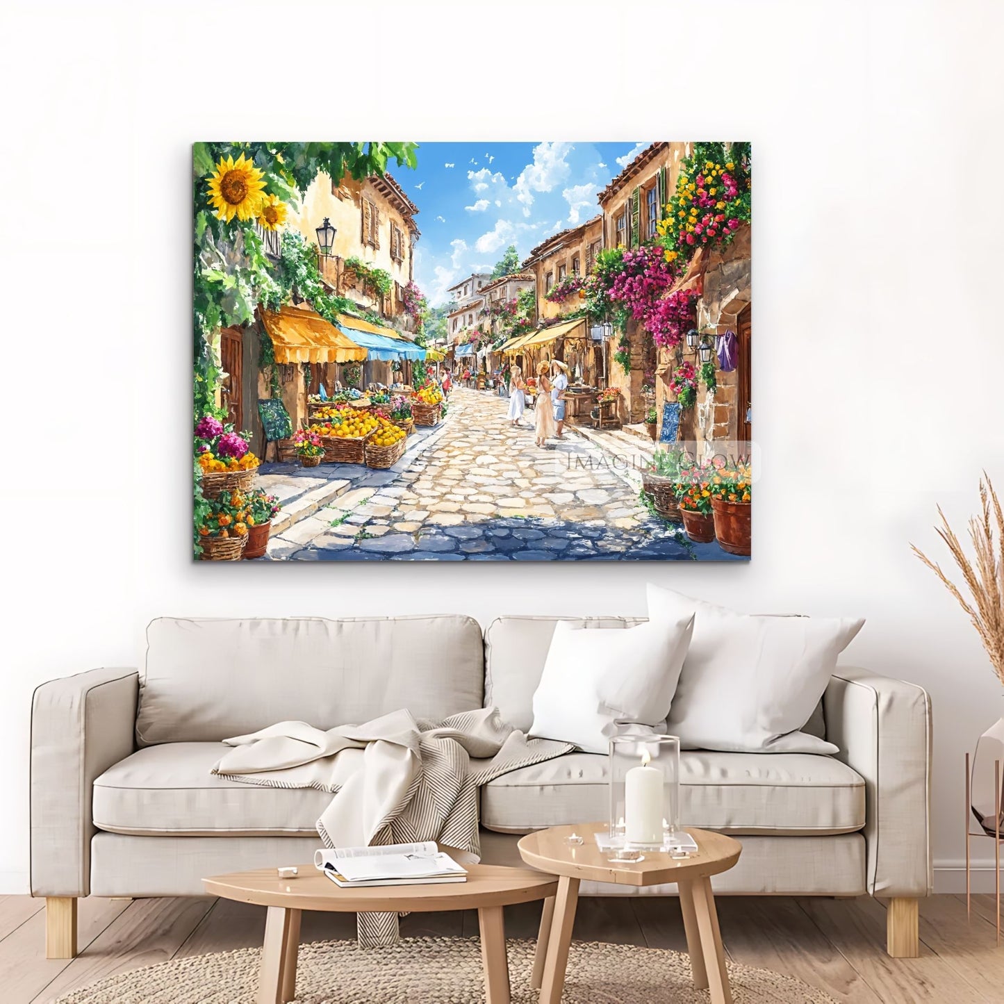 Romantic cityscape with pastel houses, floral accents, and fruit stands.