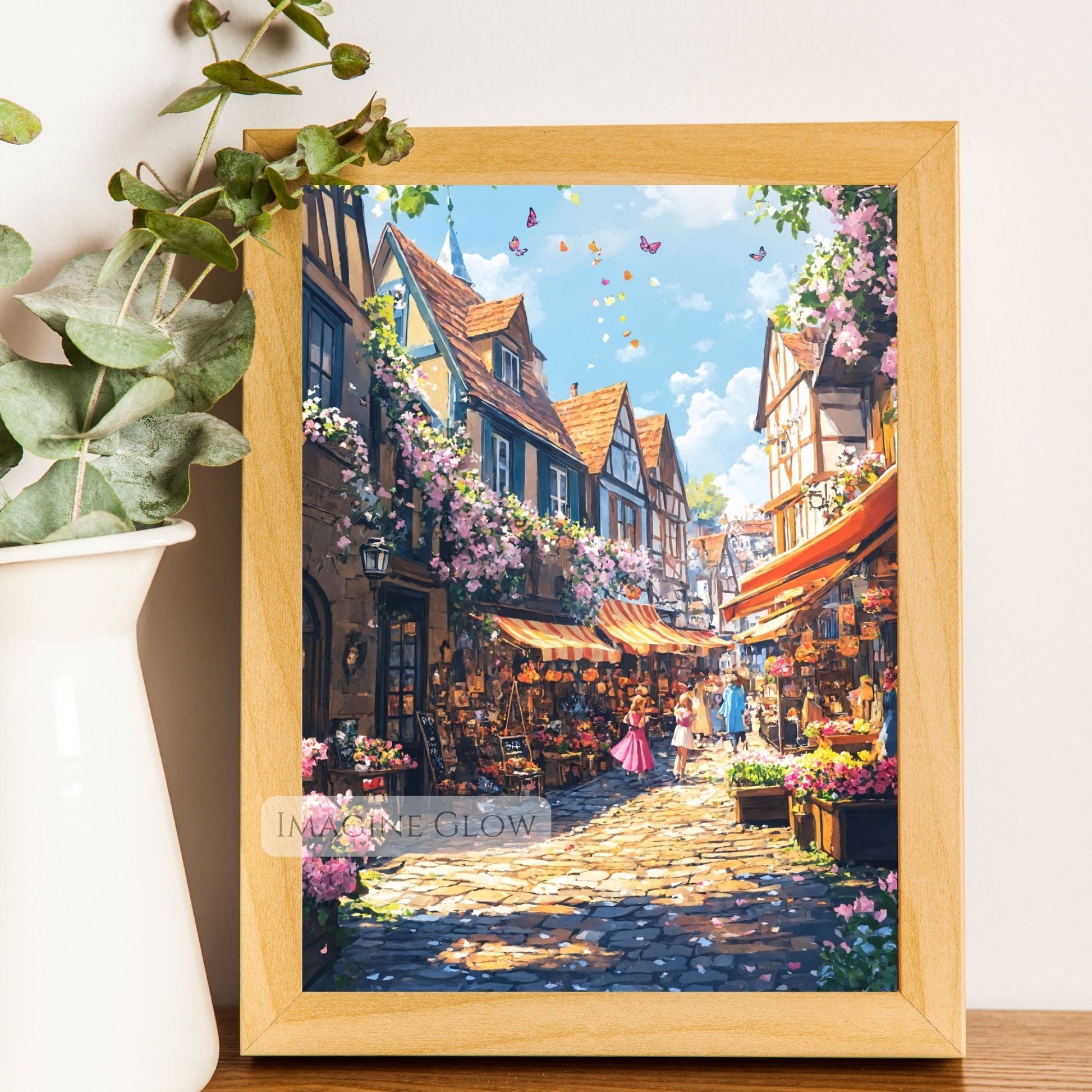 Historic town in summer with stone pathways and charming cafes.