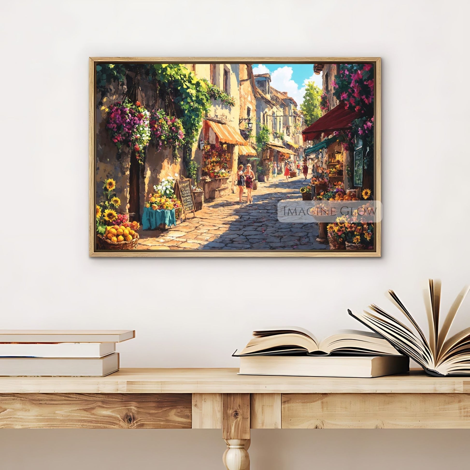 Picturesque summer town featuring a floral market and blooming trees.