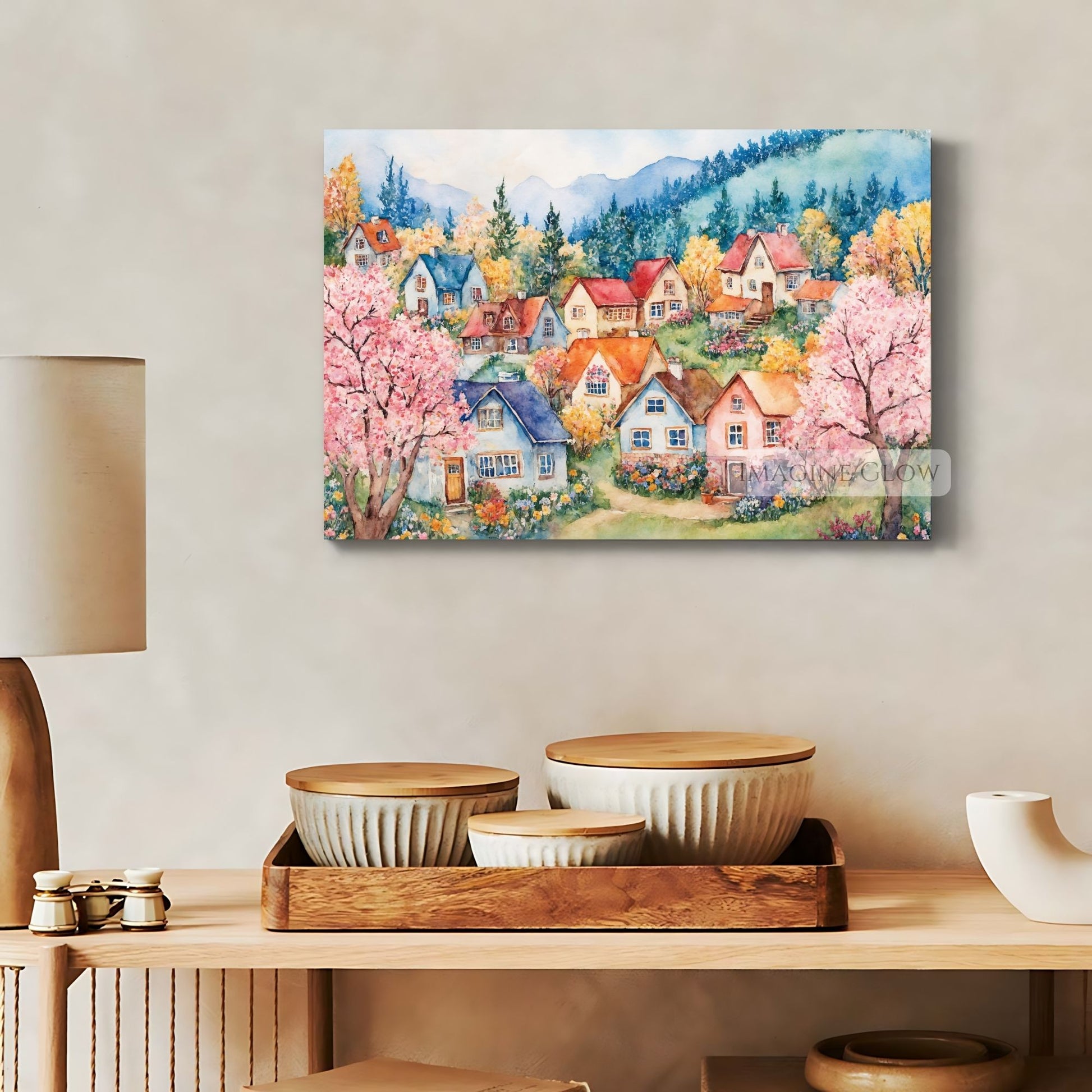 Idyllic spring village illustration with floral accents