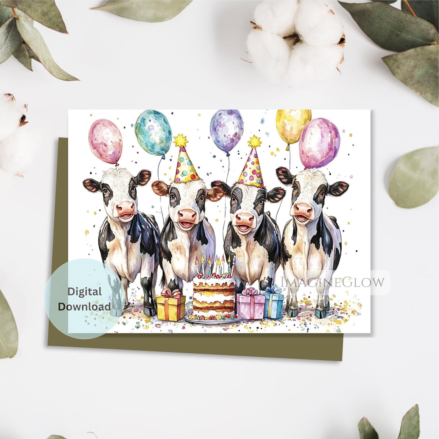 Birthday card with four cows celebrating, balloons, and a cake on a white background.