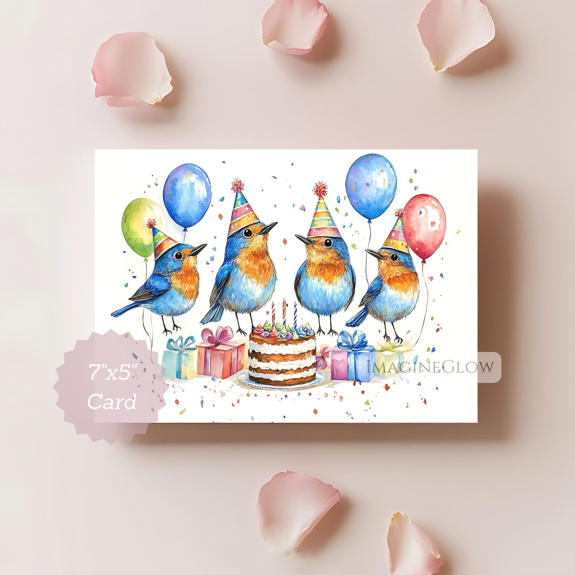 Birthday card with colorful birds, balloons, and a cake on a light pink background.