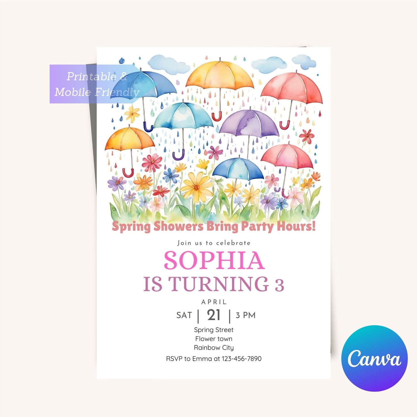 Spring birthday invitation with floral and umbrella theme.