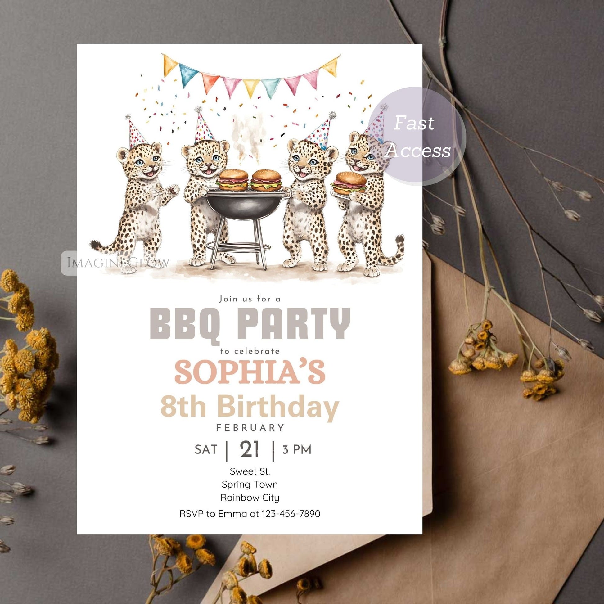 Customizable cheetah birthday card for backyard cookouts.
Cheetah party invitation with a BBQ, balloons, and festive decor.