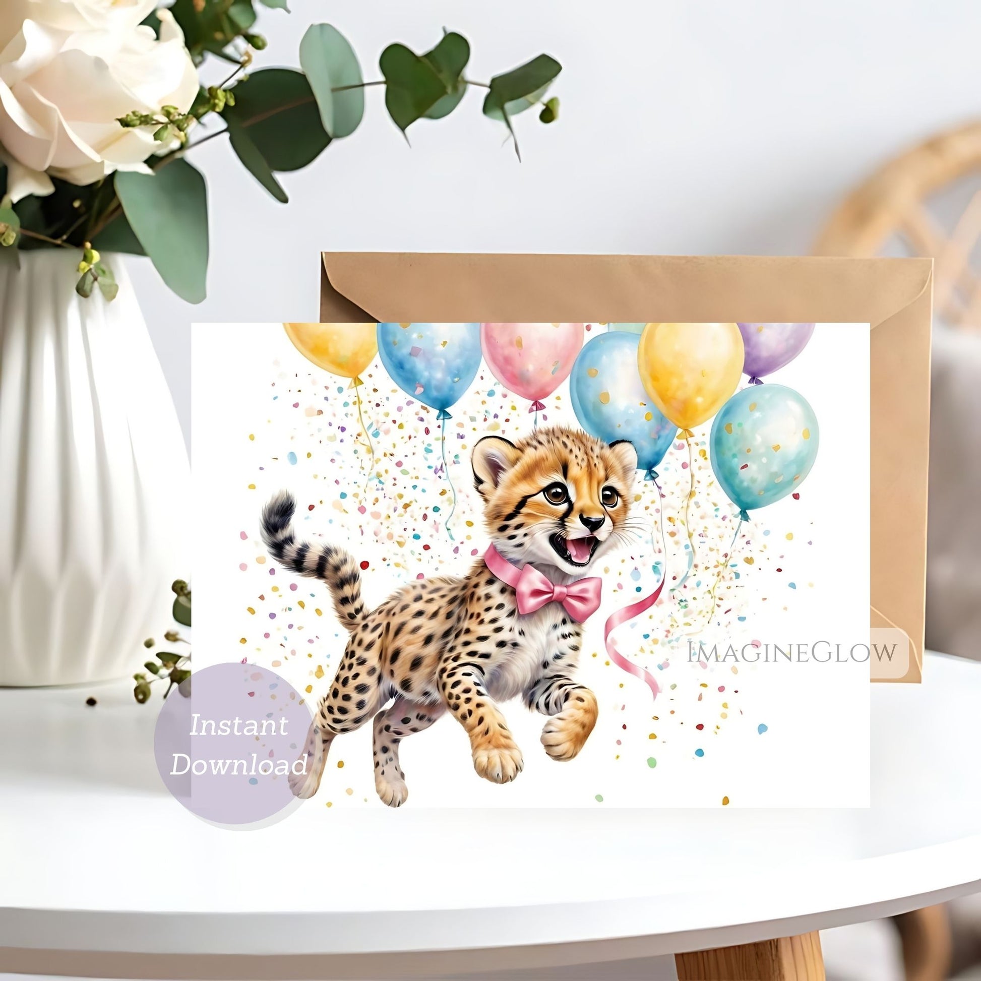 Greeting card with a cheetah and balloons on a white background.