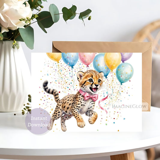 Greeting card with a cheetah and balloons on a white background.