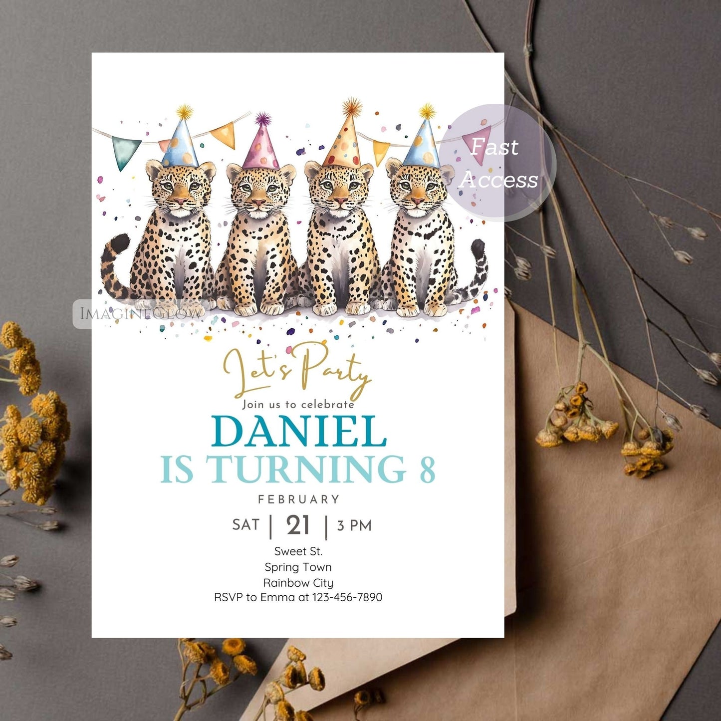 Safari-themed birthday party invitation with a cheetah design.
Cheetah running in a jungle-themed celebration invite.