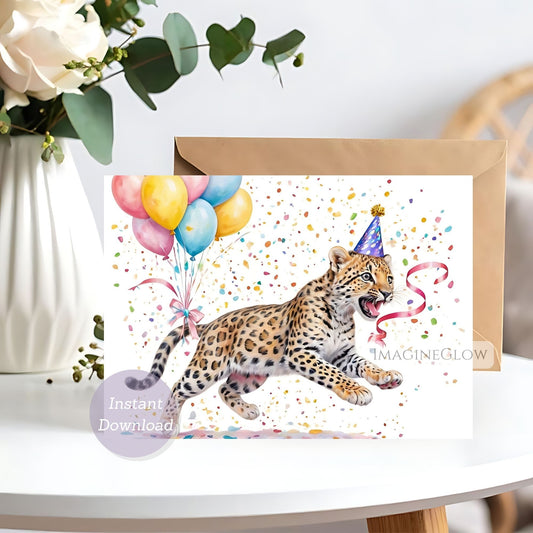 Birthday card with a leopard wearing a party hat and balloons, placed on a table with flowers in the background.