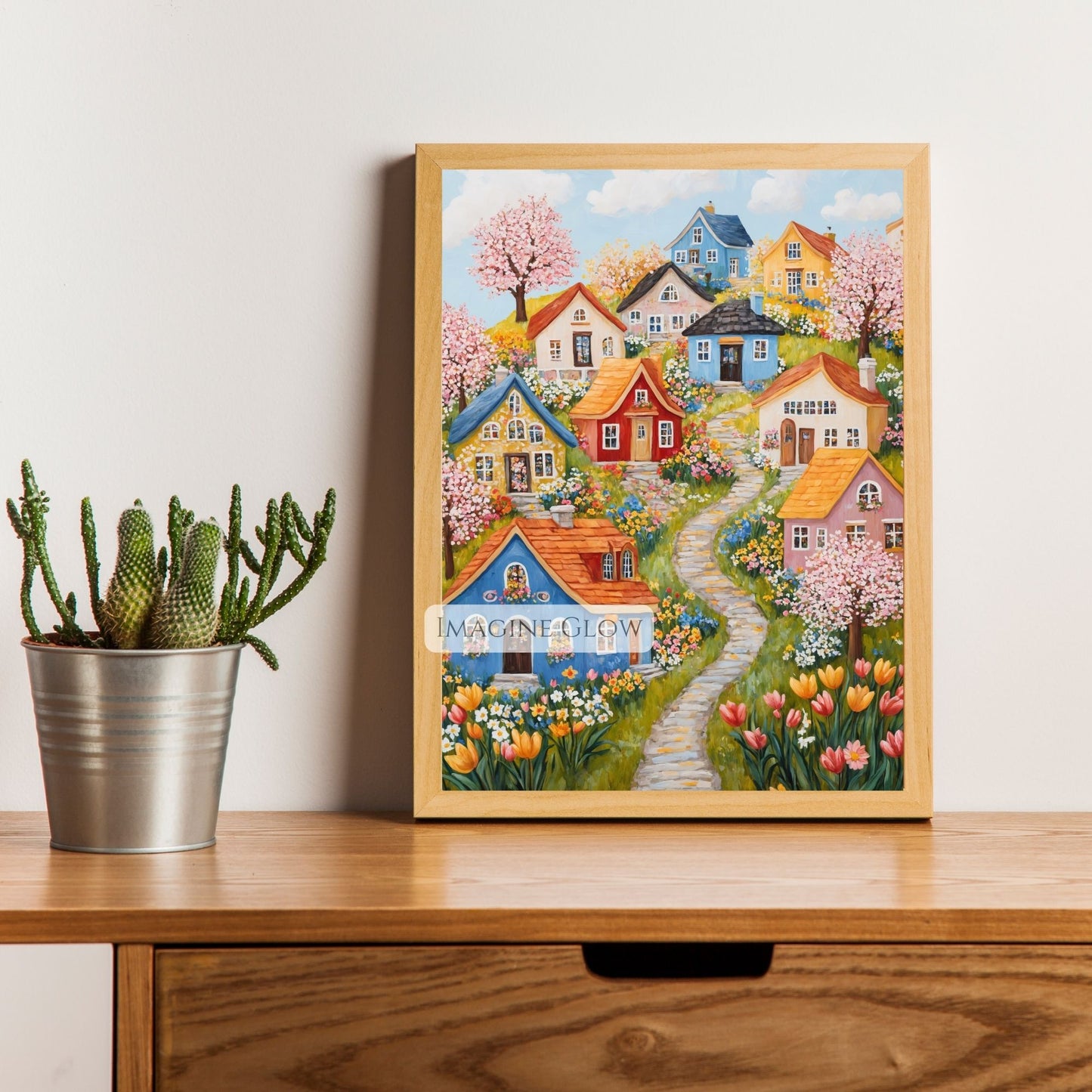 Vibrant spring village with blooming trees and colorful homes