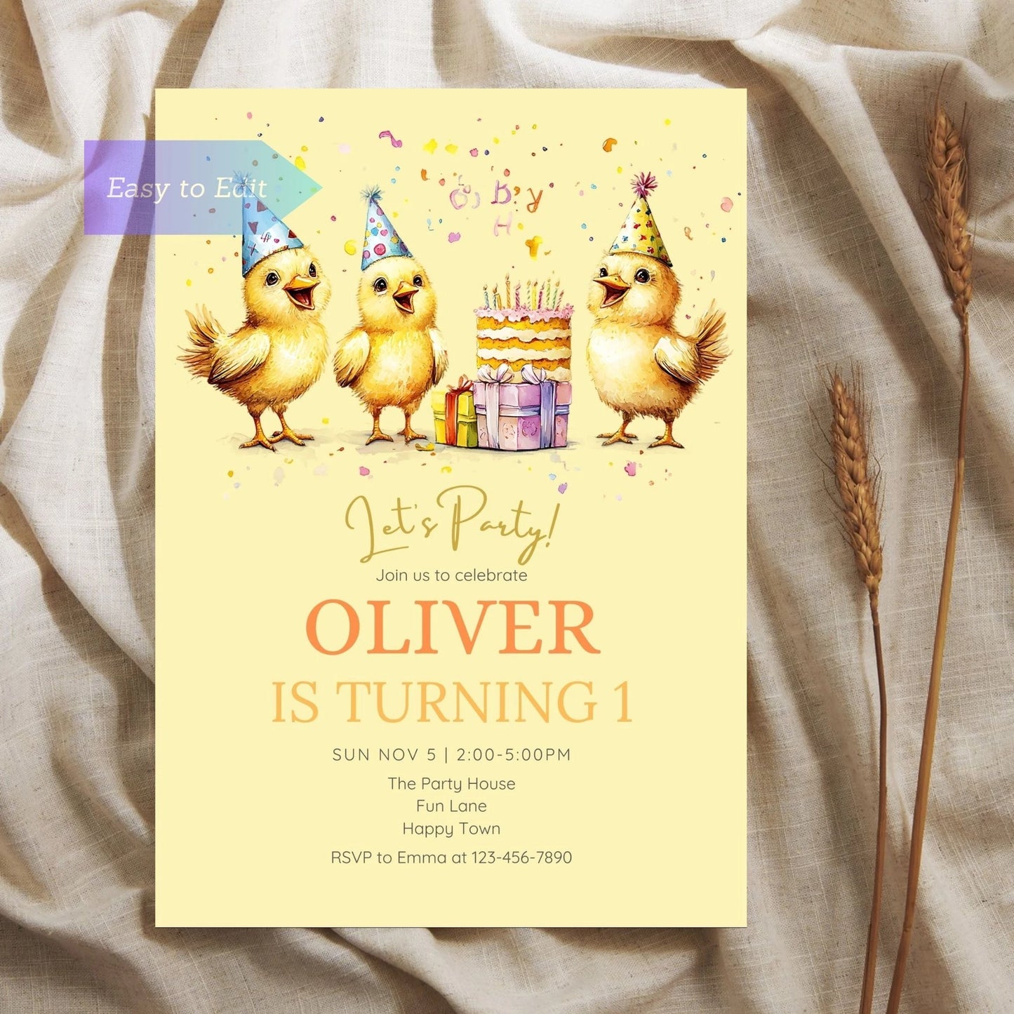 Customizable chick birthday card for barnyard-themed parties.