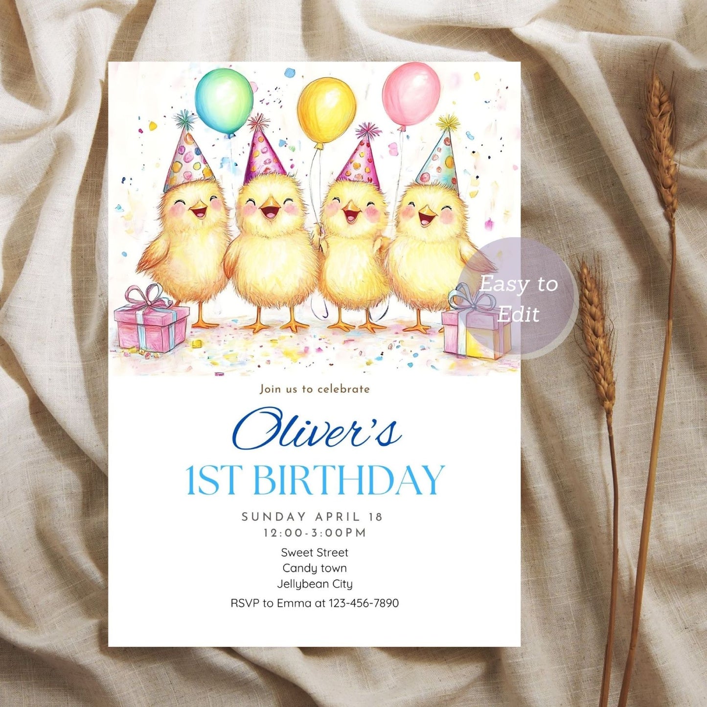 Chick first birthday invitation with farm animal theme and editable design.