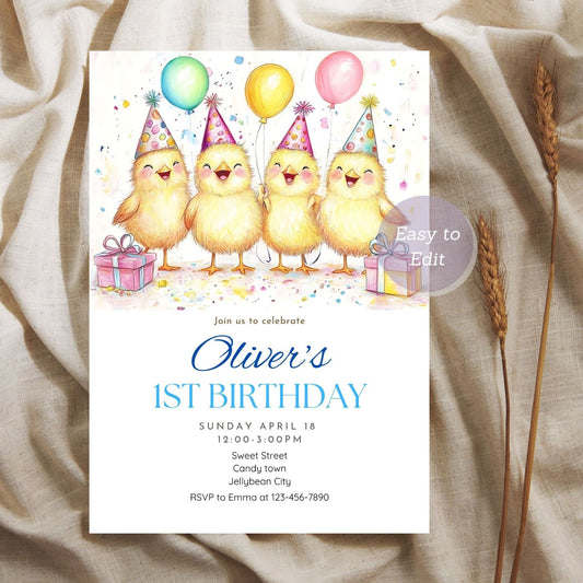 Chick first birthday invitation with farm animal theme and editable design.