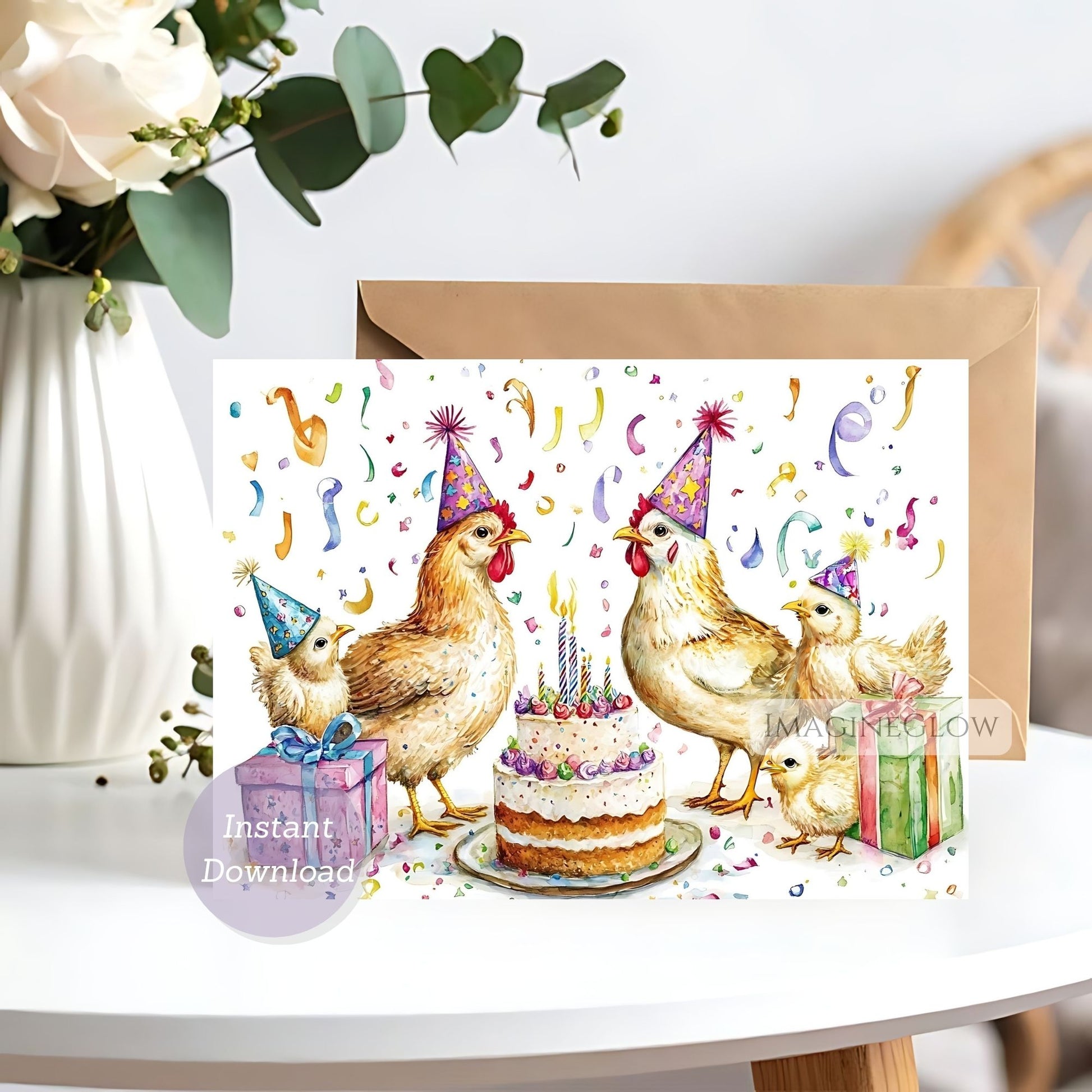 Birthday card with chickens and a cake on a white background
