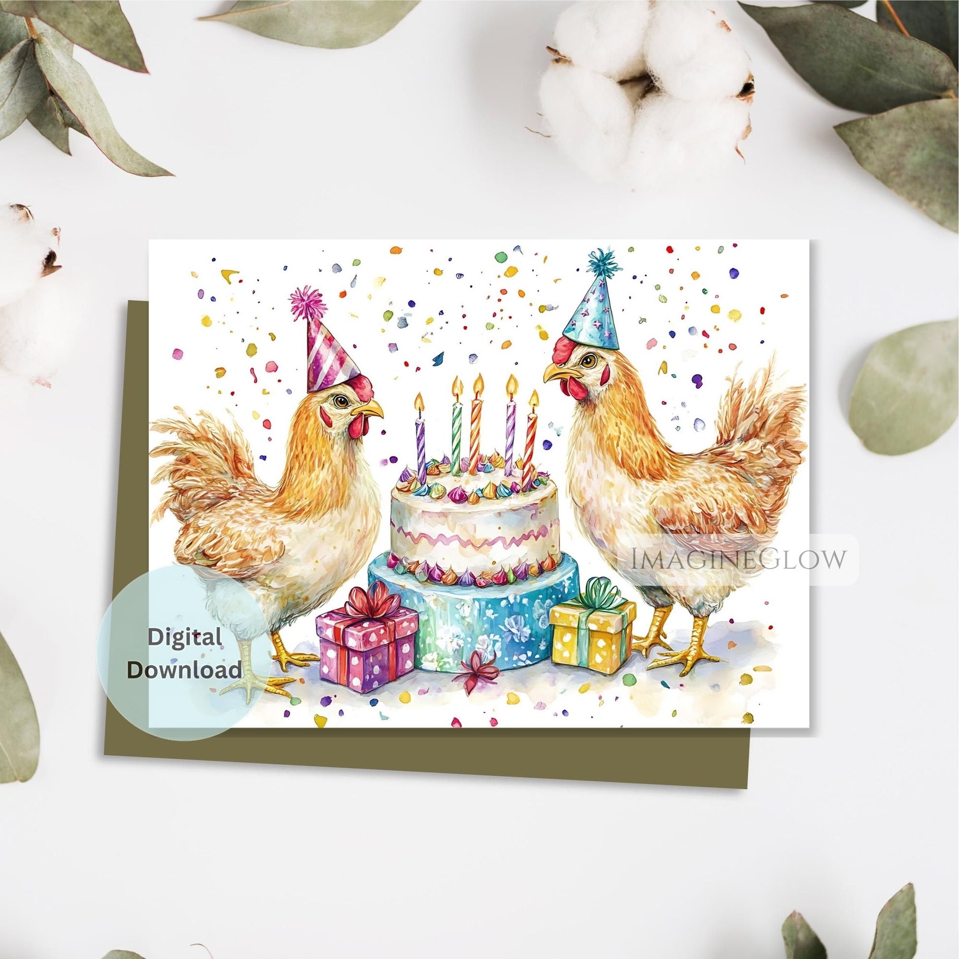 Birthday card with chickens and a cake on a white background
