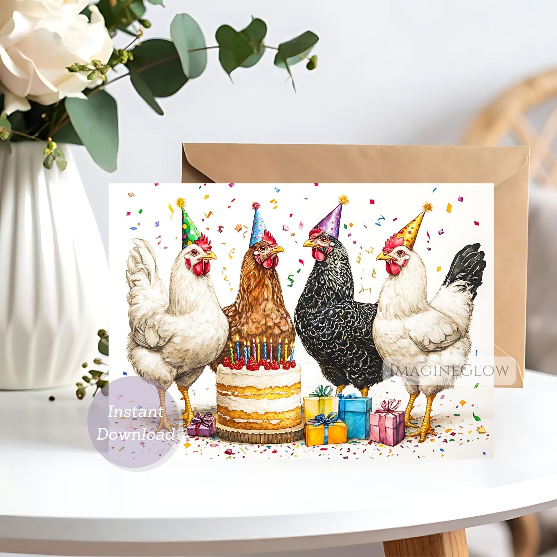 Birthday card with cartoon chickens and a cake on a white surface.