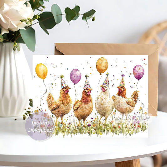 Greeting card with chickens wearing party hats and balloons on a white surface.