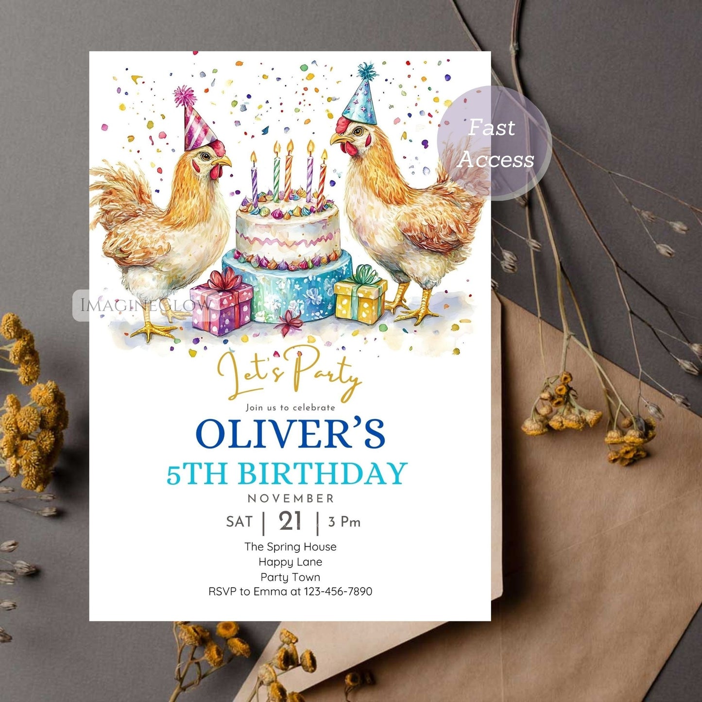 Editable farm theme birthday card
Chicken-themed birthday invitation digital download