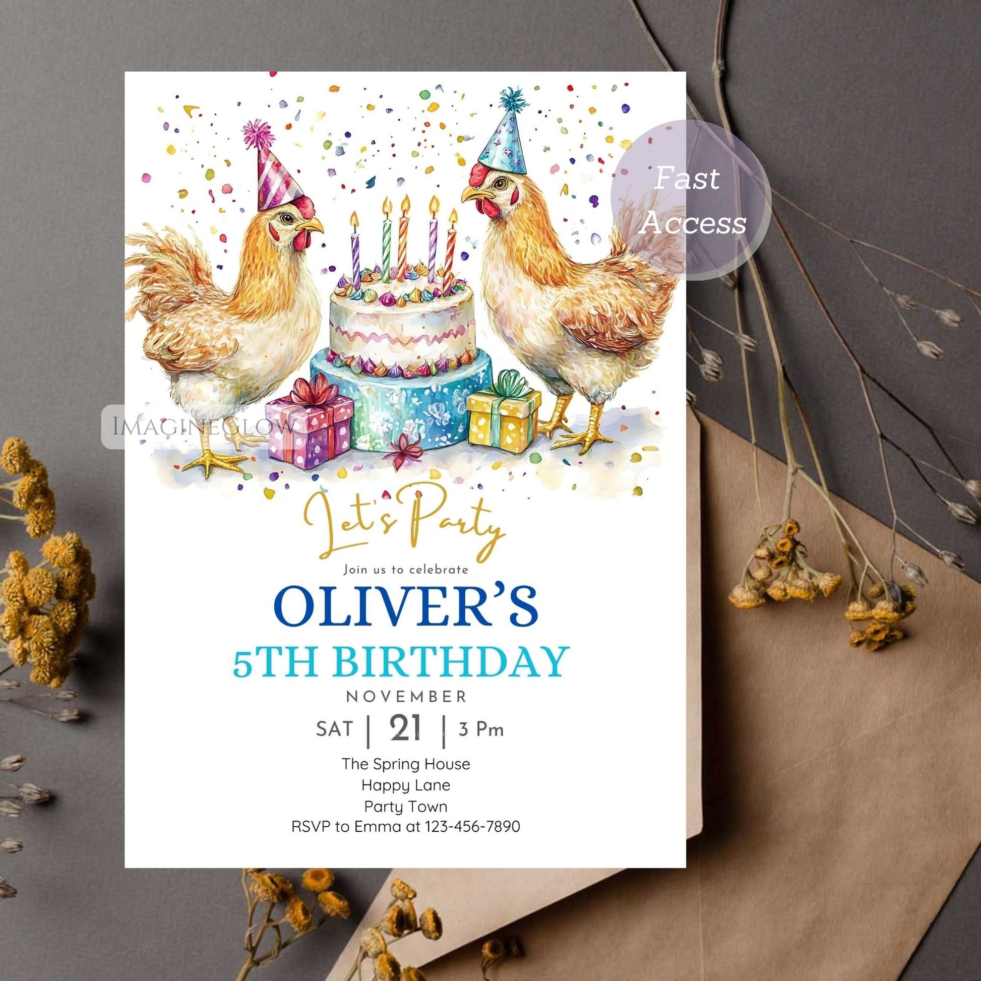 Editable farm theme birthday card
Chicken-themed birthday invitation digital download