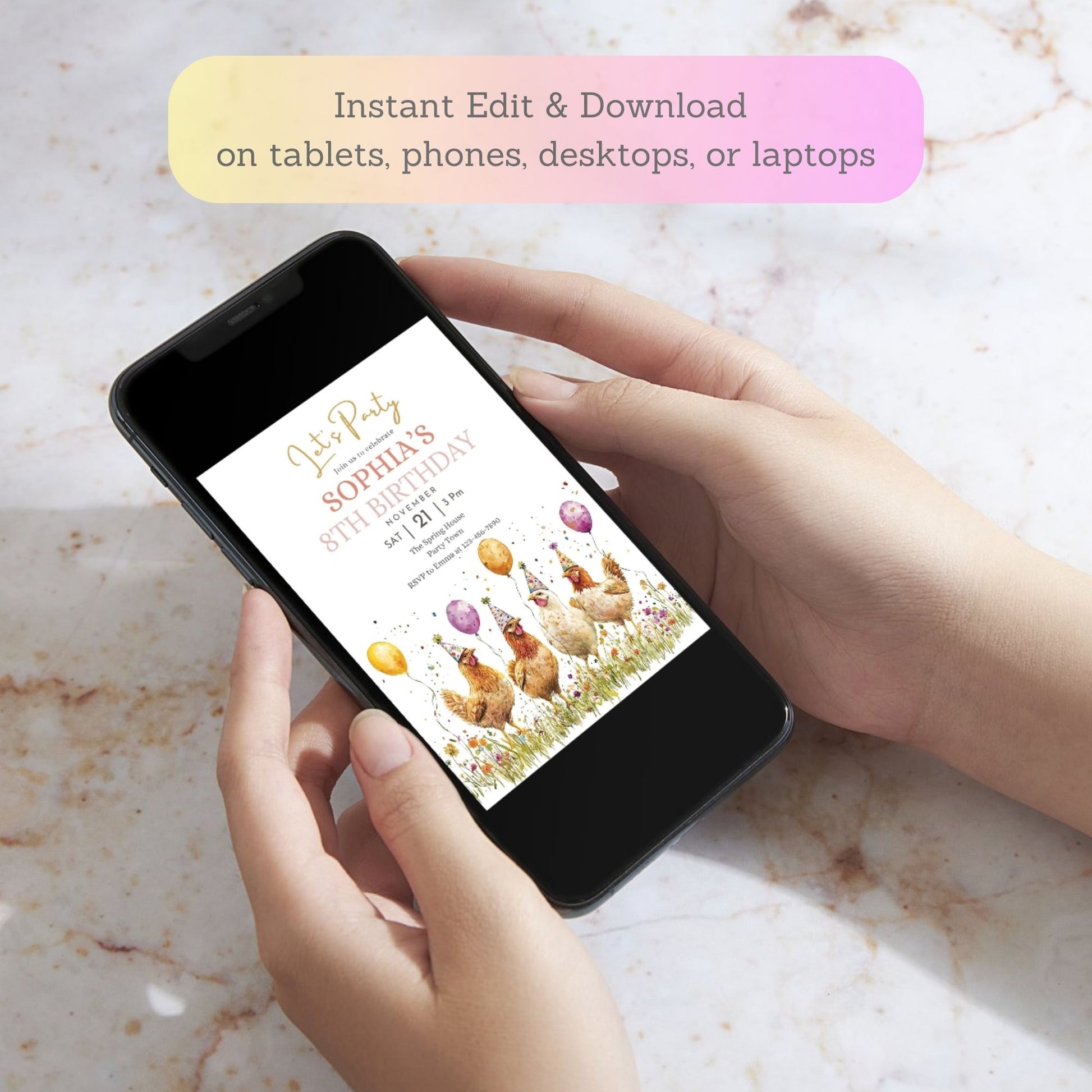 Editable chicken wildflower birthday party invite