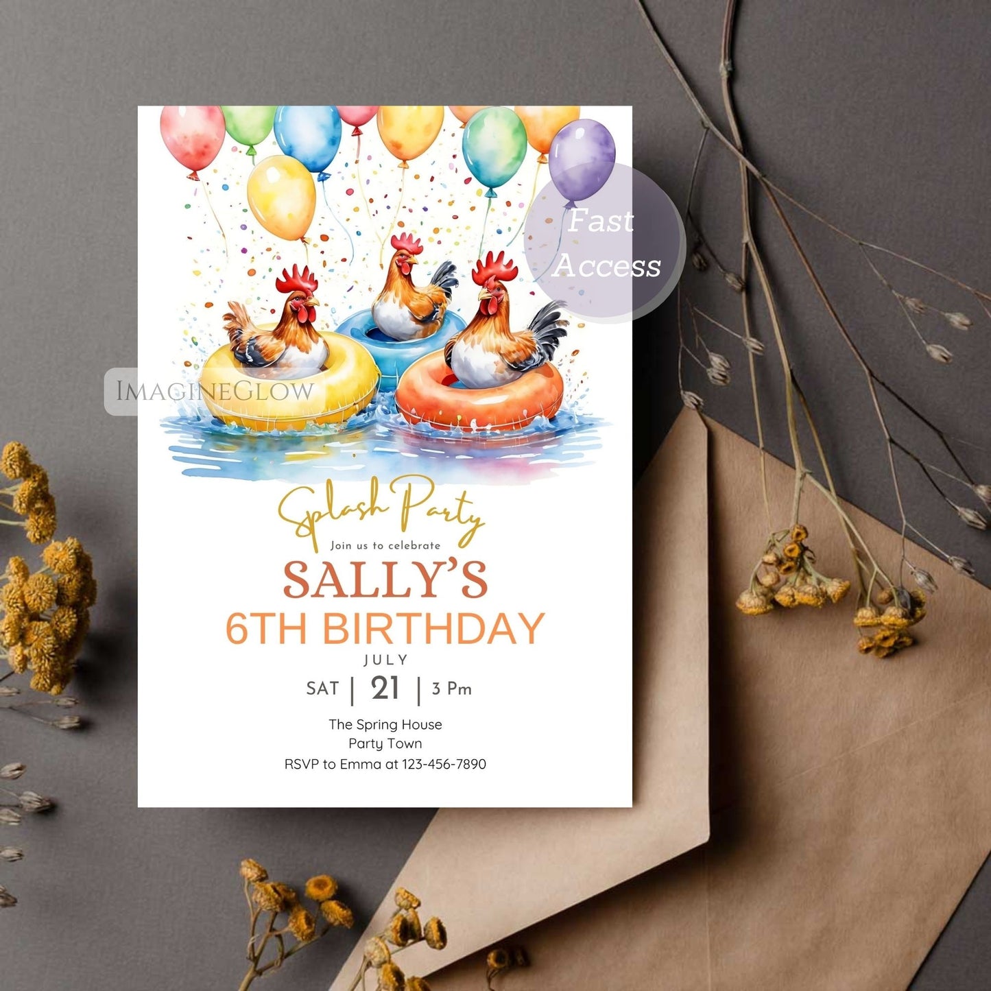 Chicken Pool Party Birthday Invitation – Rooster Swim Party Invite