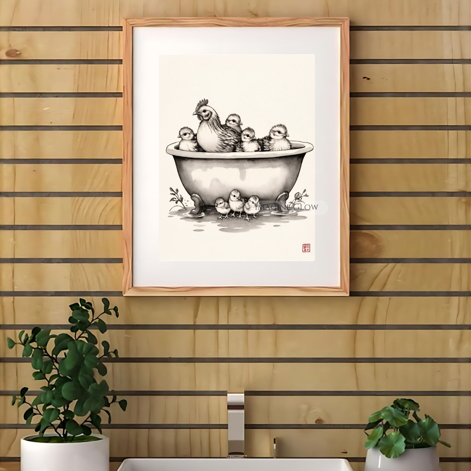 Whimsical chicken wall art for rustic bathroom decor
