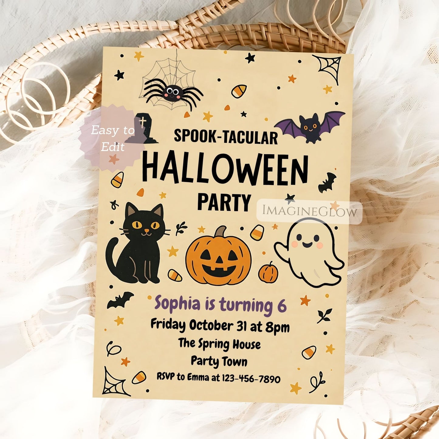 Halloween party invitation with pumpkins, ghosts, and cats on a beige background.