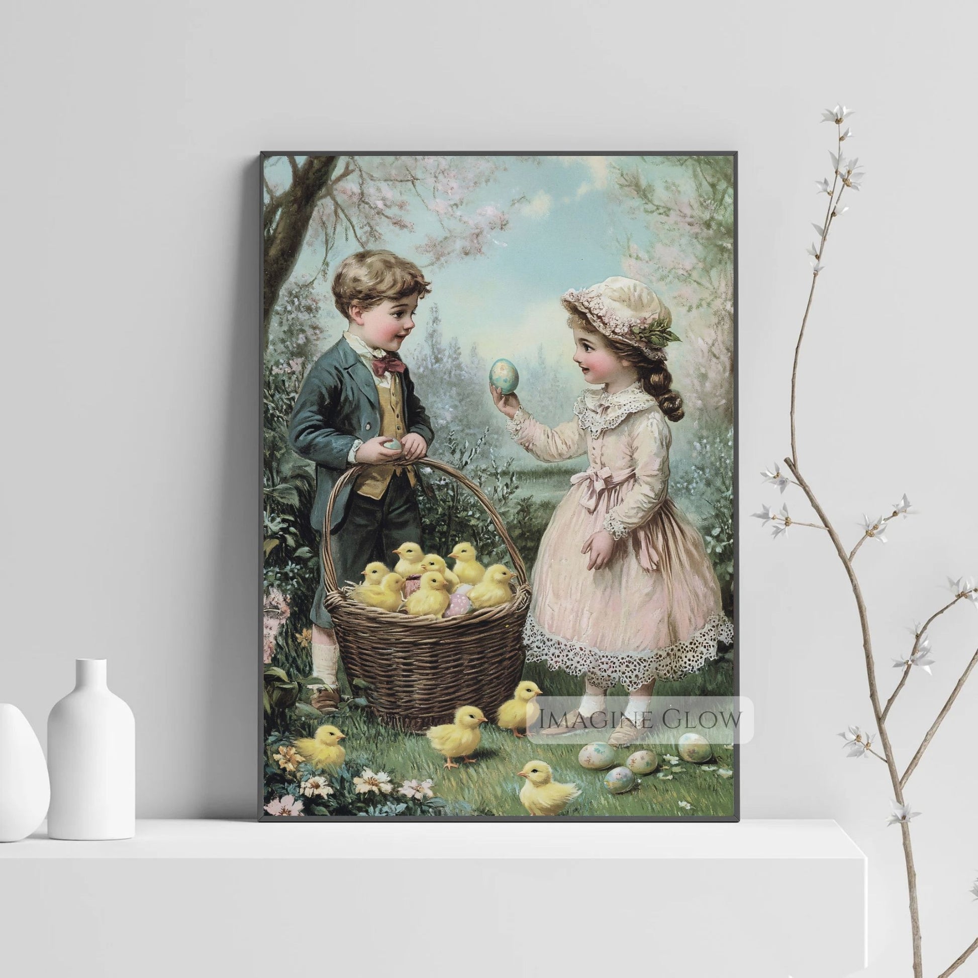 Victorian children playing with yellow chicks in a blooming garden.