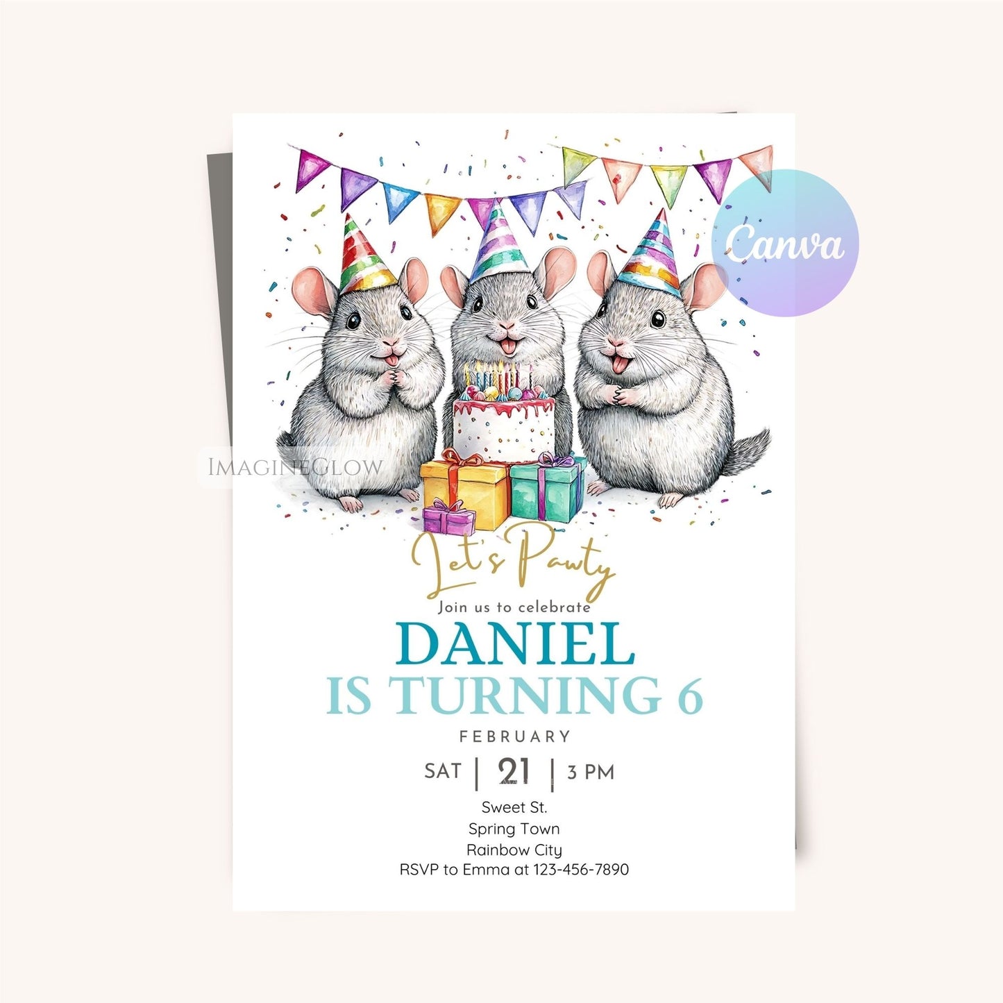 Adorable birthday invite featuring a chinchilla illustration.